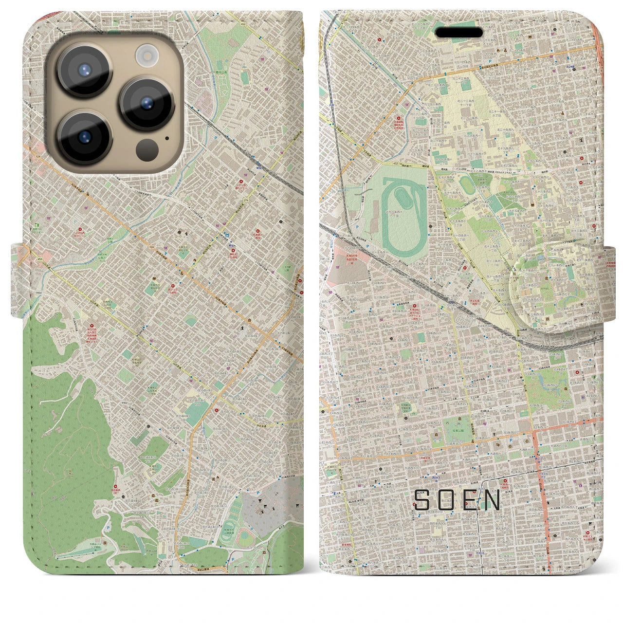 【桑園】地図柄iPhoneケース（手帳両面タイプ・ナチュラル）iPhone 14 Pro Max 用