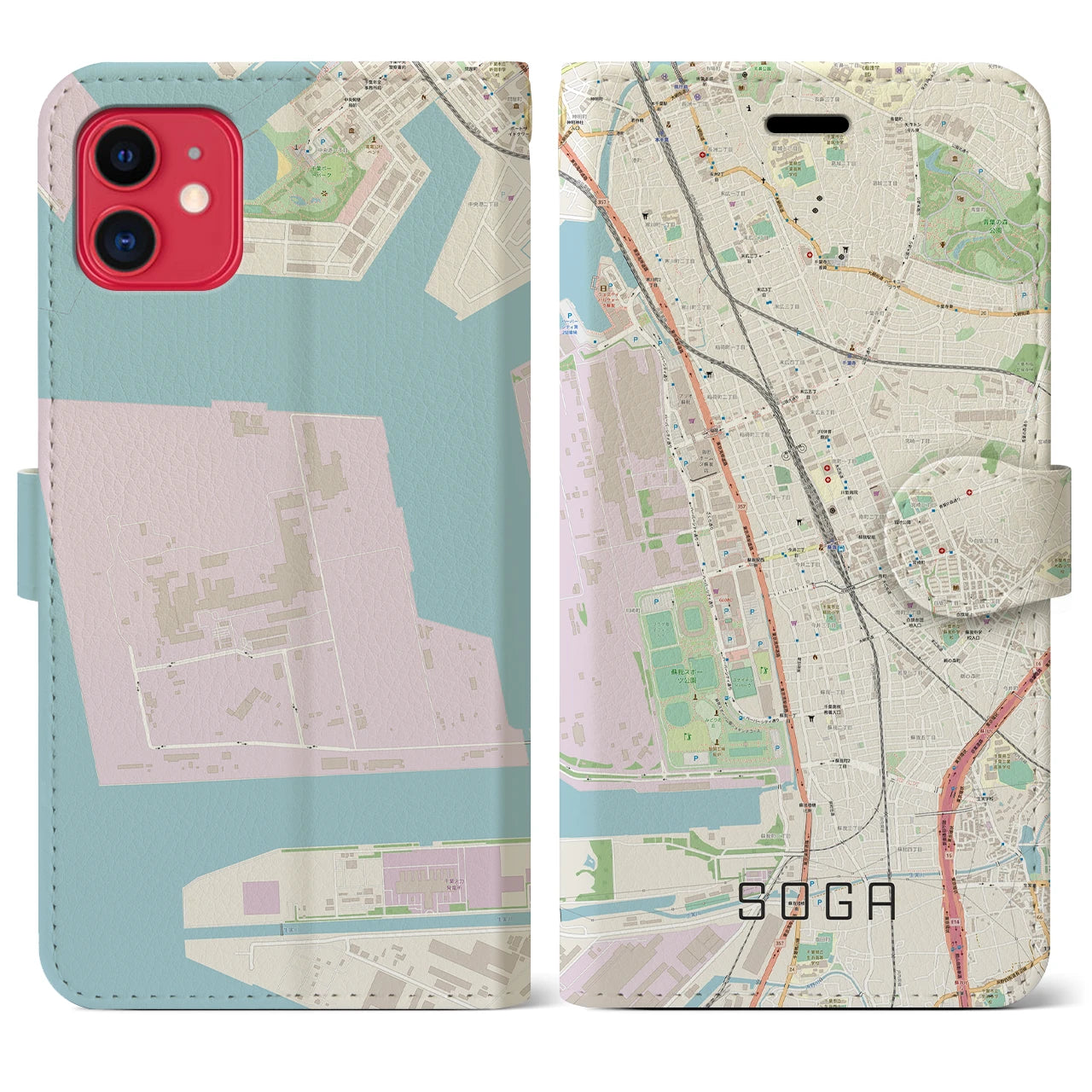【蘇我】地図柄iPhoneケース（手帳両面タイプ・ナチュラル）iPhone 11 用