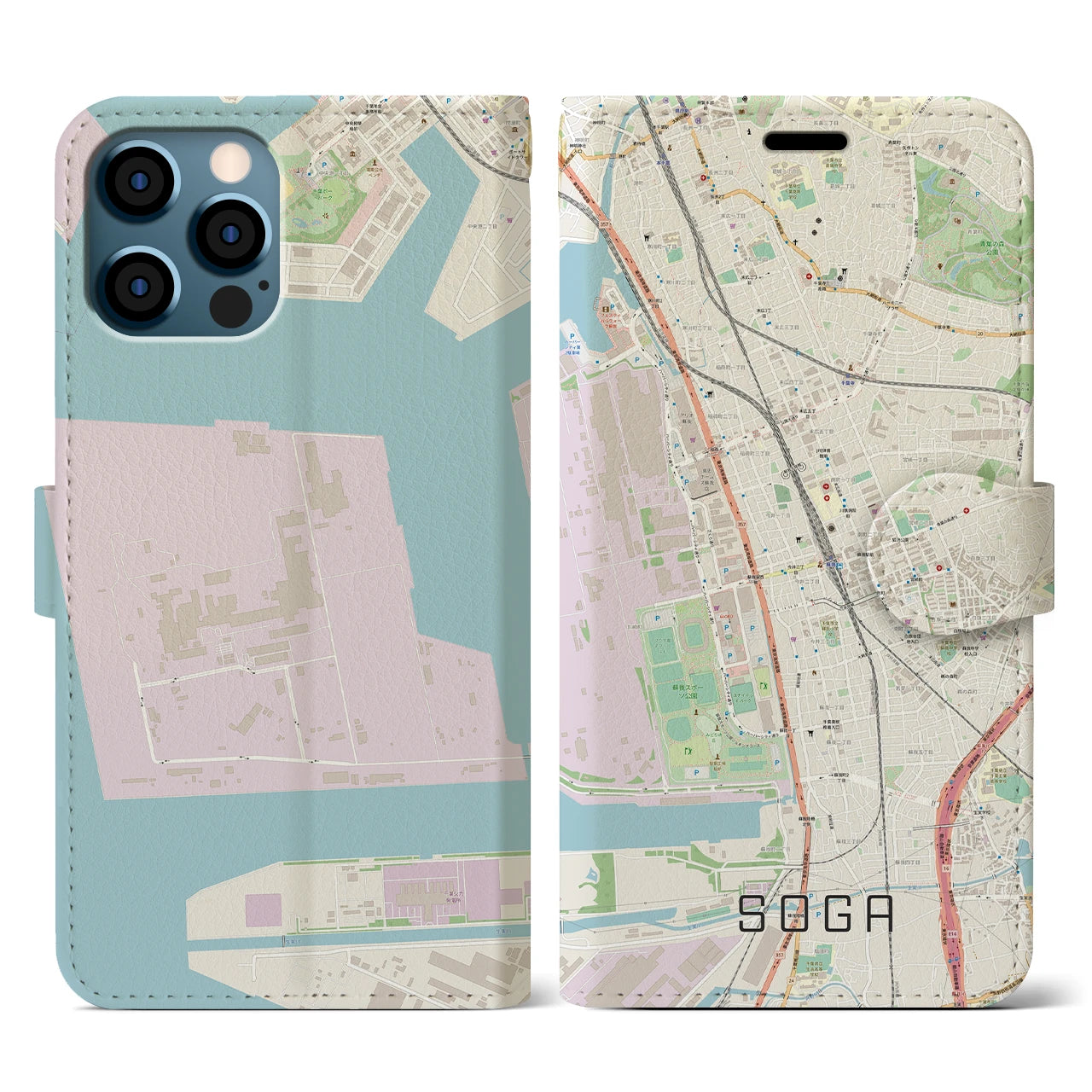 【蘇我】地図柄iPhoneケース（手帳両面タイプ・ナチュラル）iPhone 12 / 12 Pro 用