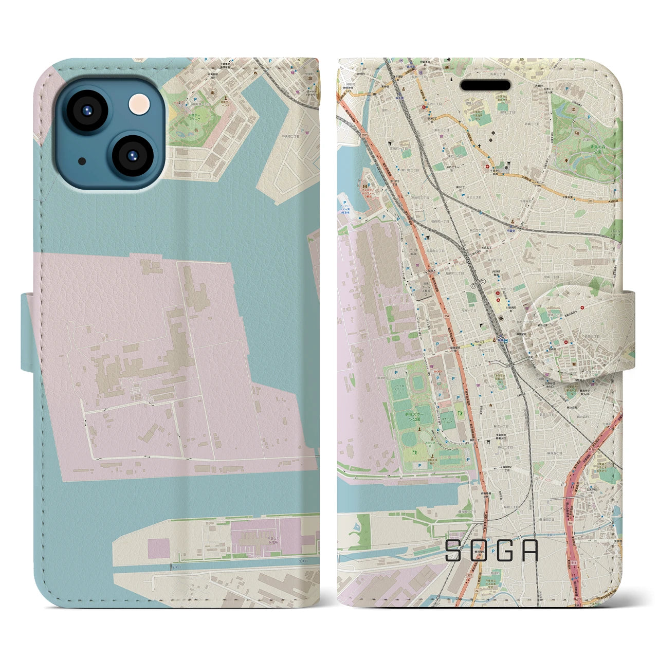 【蘇我】地図柄iPhoneケース（手帳両面タイプ・ナチュラル）iPhone 13 用