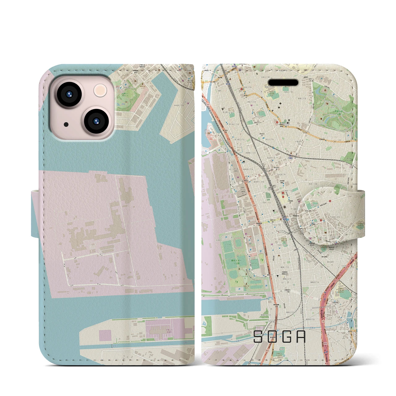 【蘇我】地図柄iPhoneケース（手帳両面タイプ・ナチュラル）iPhone 13 mini 用