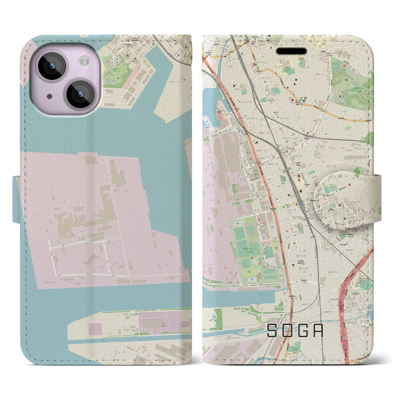 【蘇我】地図柄iPhoneケース（手帳両面タイプ・ナチュラル）iPhone 14 用