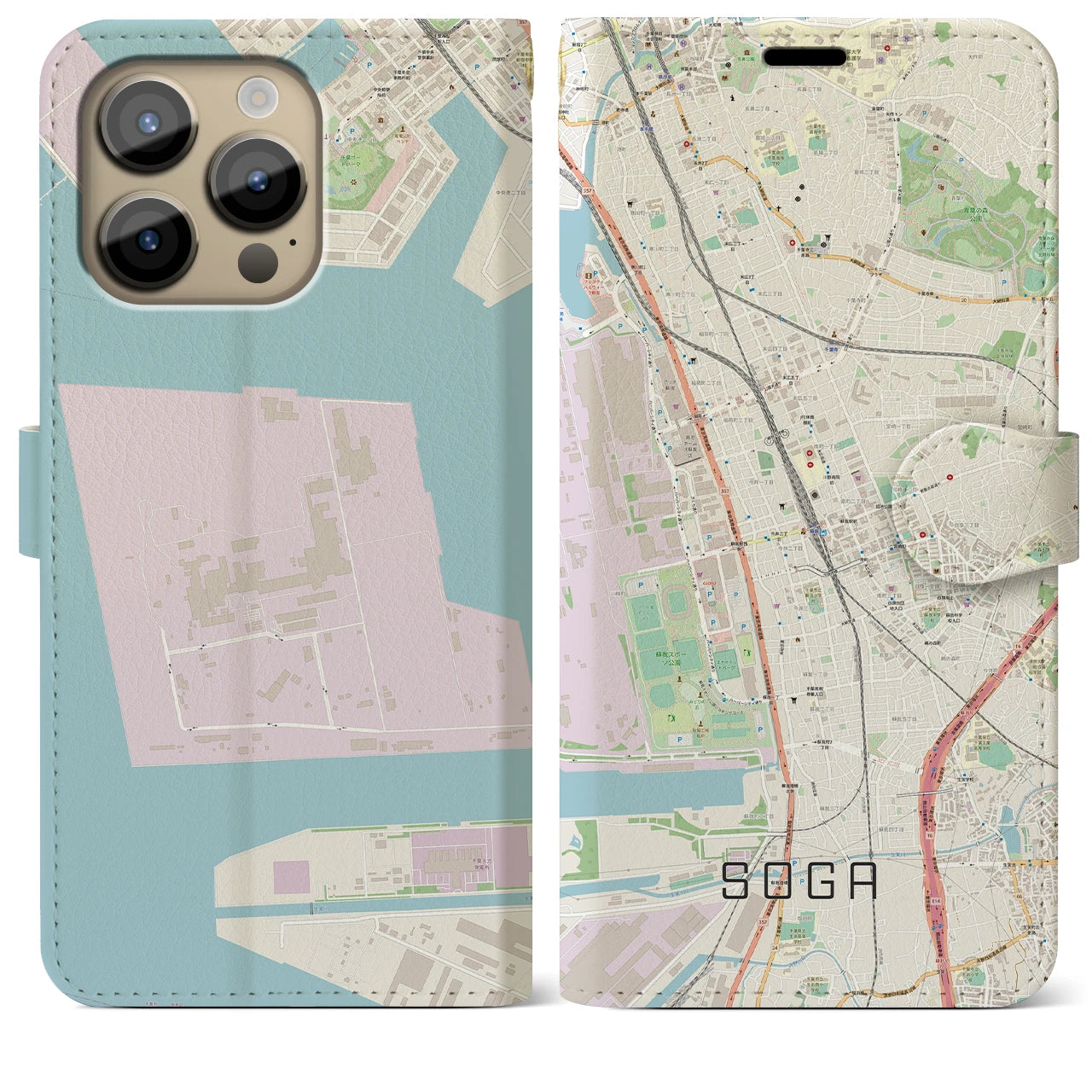 【蘇我】地図柄iPhoneケース（手帳両面タイプ・ナチュラル）iPhone 14 Pro Max 用