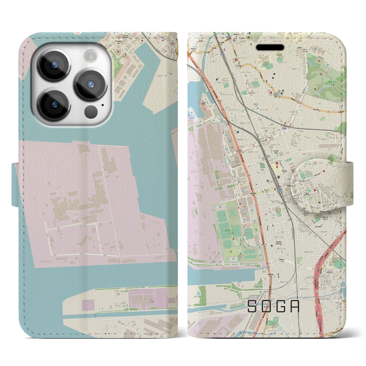 【蘇我】地図柄iPhoneケース（手帳両面タイプ・ナチュラル）iPhone 14 Pro 用