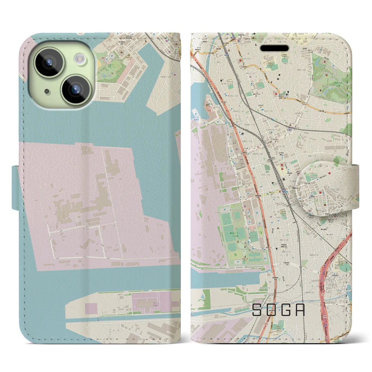 【蘇我】地図柄iPhoneケース（手帳両面タイプ・ナチュラル）iPhone 15 用