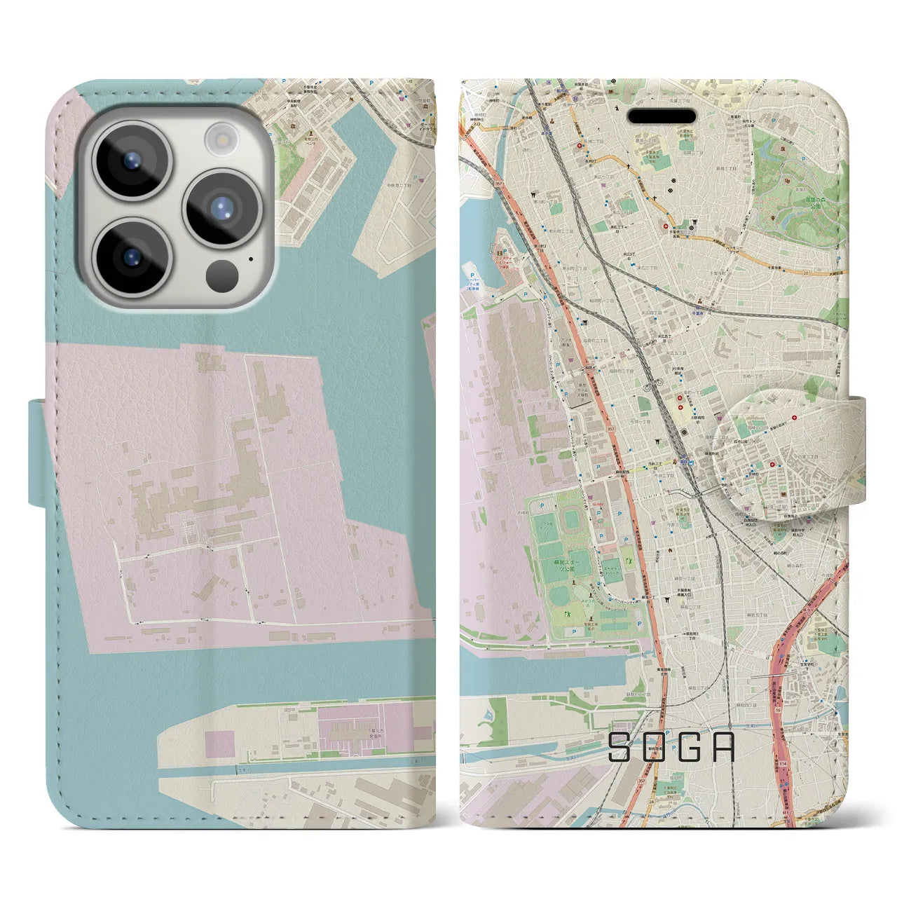 【蘇我】地図柄iPhoneケース（手帳両面タイプ・ナチュラル）iPhone 15 Pro 用