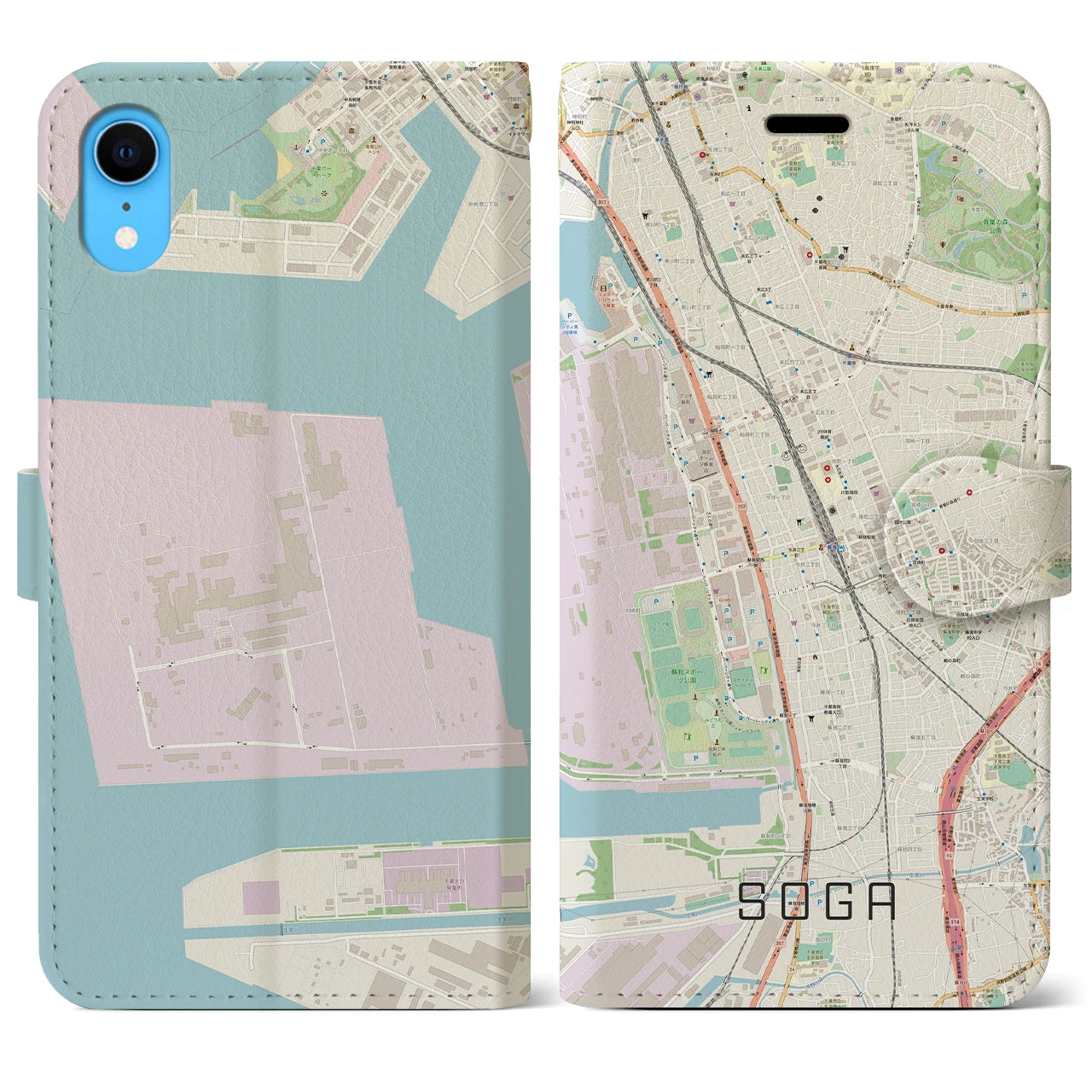 【蘇我】地図柄iPhoneケース（手帳両面タイプ・ナチュラル）iPhone XR 用