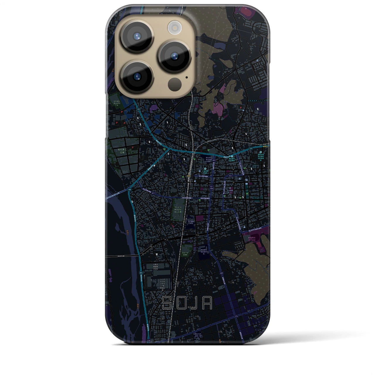 【総社】地図柄iPhoneケース（バックカバータイプ・ブラック）iPhone 14 Pro Max 用