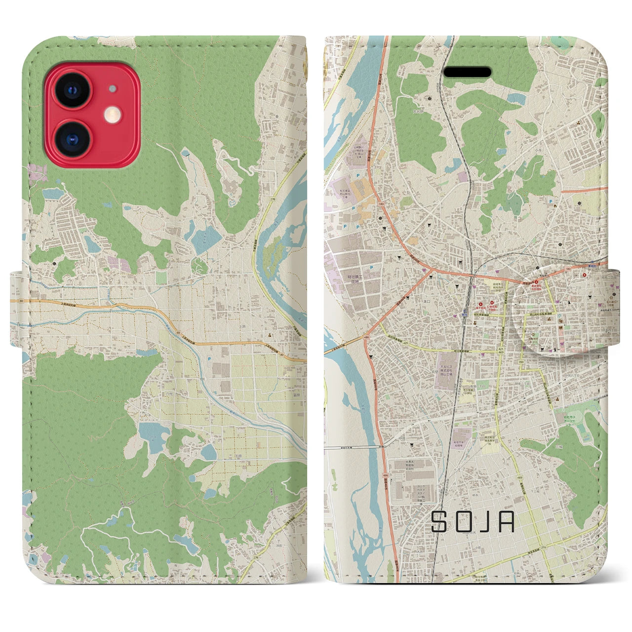 【総社】地図柄iPhoneケース（手帳両面タイプ・ナチュラル）iPhone 11 用