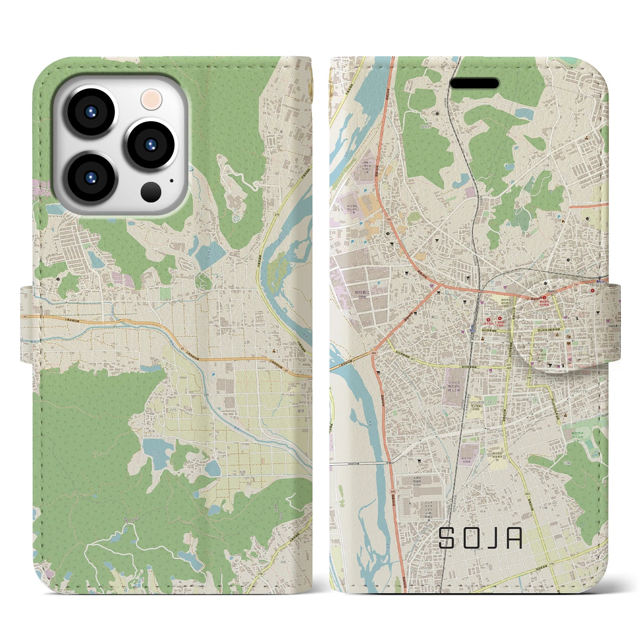【総社】地図柄iPhoneケース（手帳両面タイプ・ナチュラル）iPhone 13 Pro 用