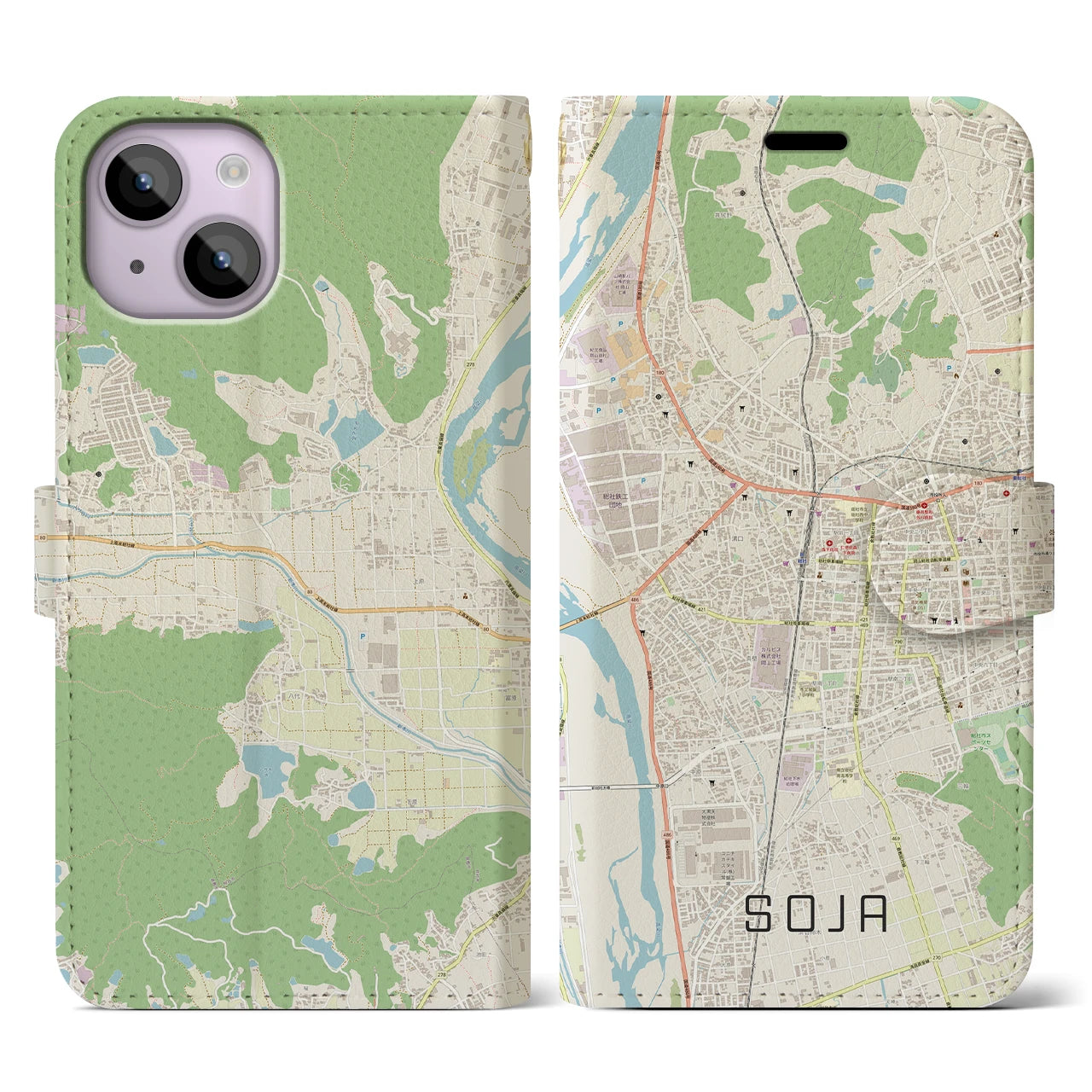 【総社】地図柄iPhoneケース（手帳両面タイプ・ナチュラル）iPhone 14 用