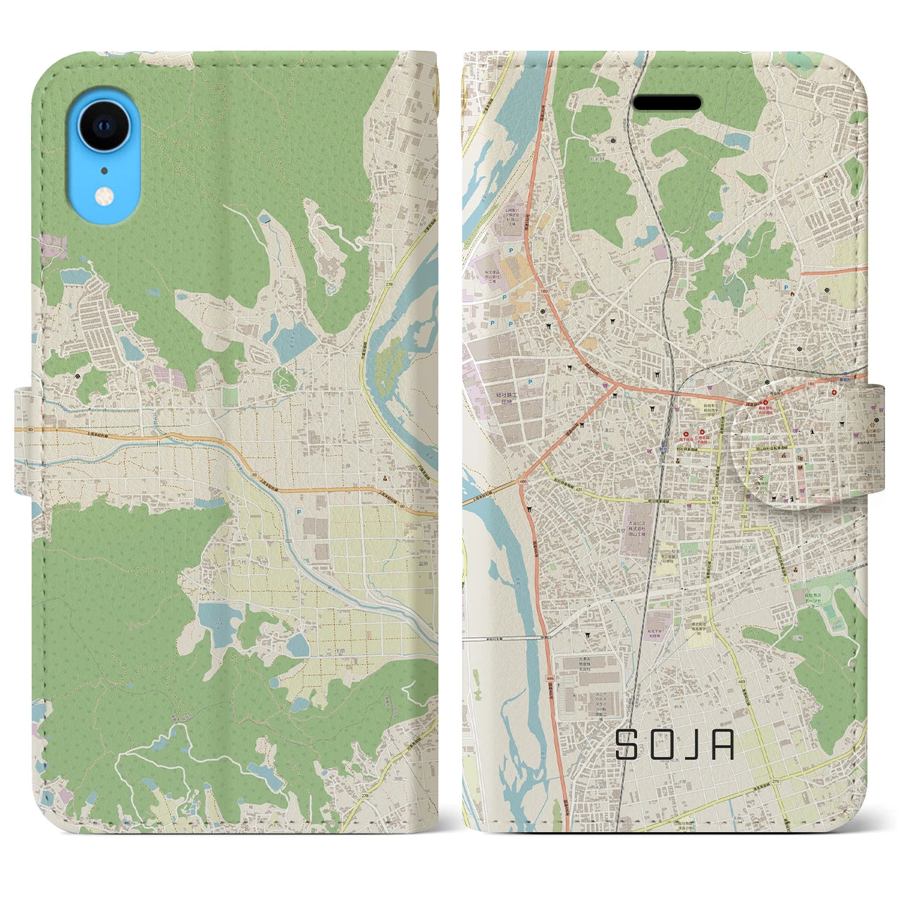 【総社】地図柄iPhoneケース（手帳両面タイプ・ナチュラル）iPhone XR 用