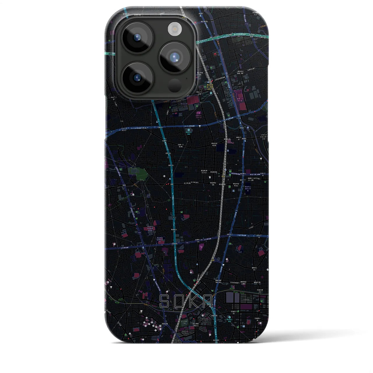 【草加】地図柄iPhoneケース（バックカバータイプ・ブラック）iPhone 15 Pro Max 用