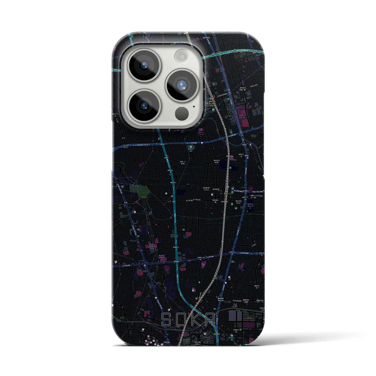 【草加】地図柄iPhoneケース（バックカバータイプ・ブラック）iPhone 15 Pro 用