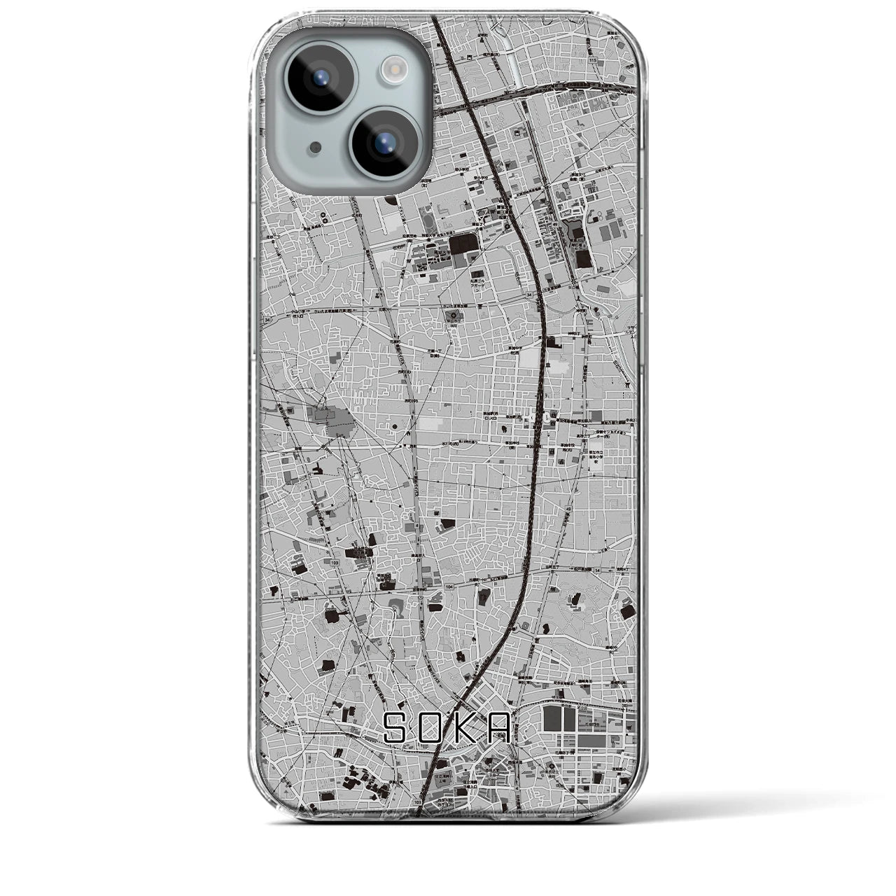 【草加】地図柄iPhoneケース（クリアタイプ・モノトーン）iPhone 15 Plus 用