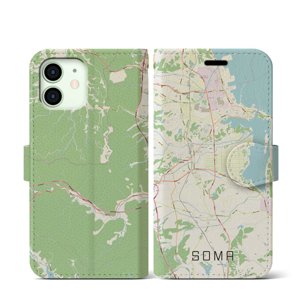 【相馬】地図柄iPhoneケース（手帳両面タイプ・ナチュラル）iPhone 12 mini 用