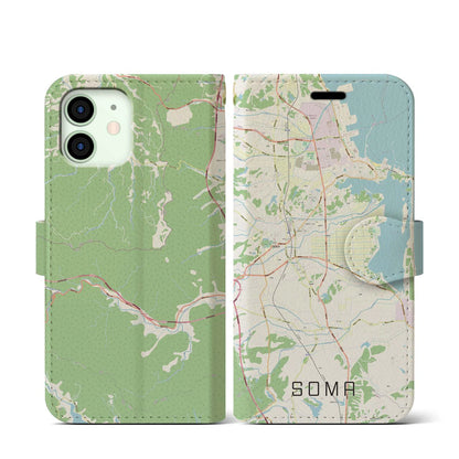 【相馬（福島県）】地図柄iPhoneケース（手帳タイプ）ナチュラル・iPhone 12 mini 用