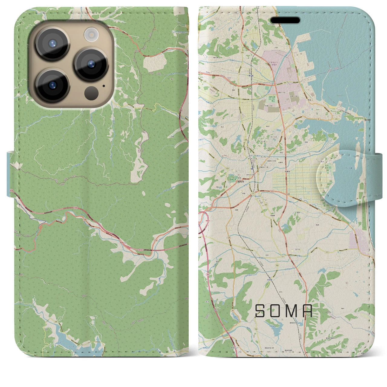 【相馬】地図柄iPhoneケース（手帳両面タイプ・ナチュラル）iPhone 14 Pro Max 用