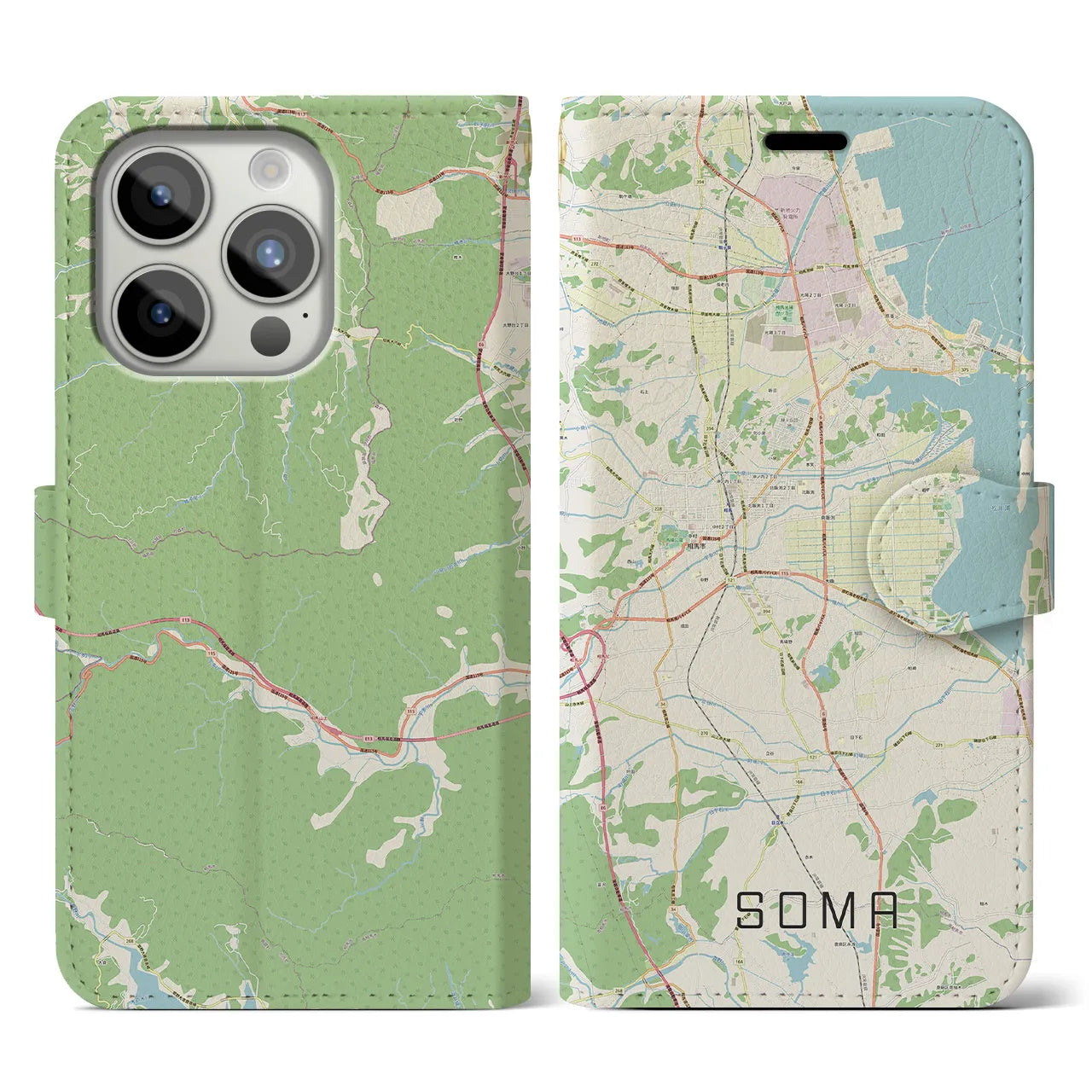 【相馬】地図柄iPhoneケース（手帳両面タイプ・ナチュラル）iPhone 15 Pro 用
