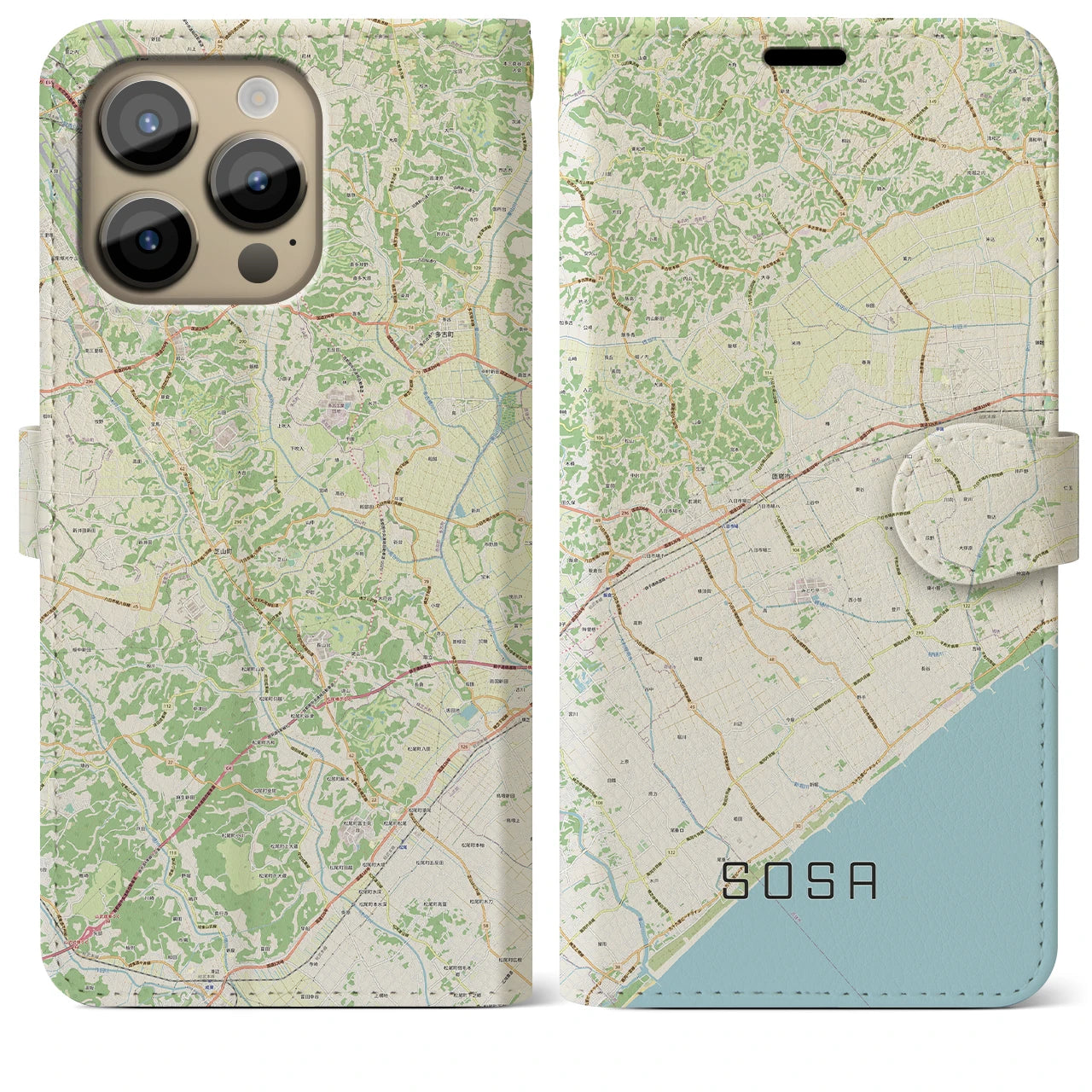 【匝瑳】地図柄iPhoneケース（手帳両面タイプ・ナチュラル）iPhone 14 Pro Max 用