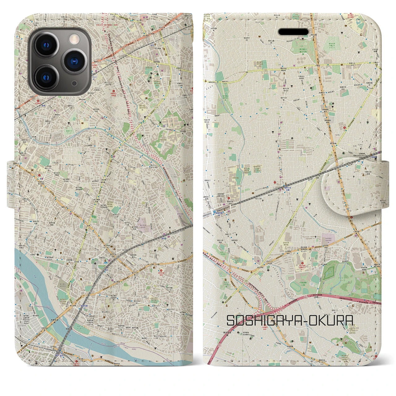 【祖師ヶ谷大蔵】地図柄iPhoneケース（手帳両面タイプ・ナチュラル）iPhone 11 Pro Max 用