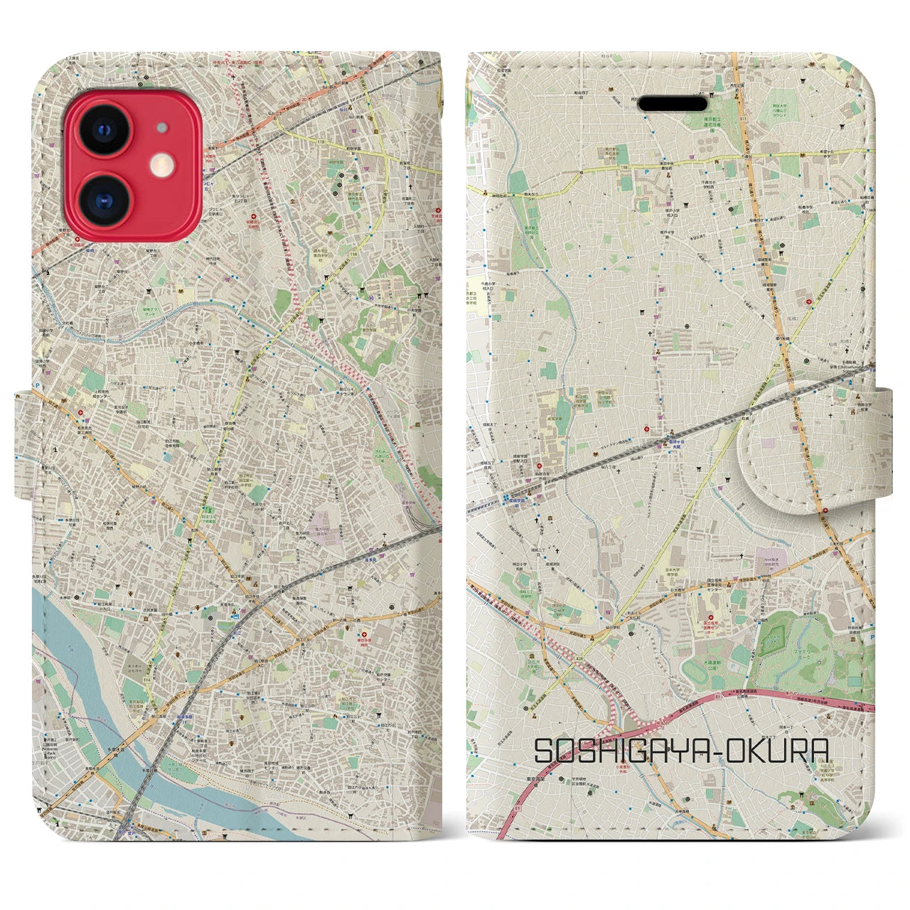【祖師ヶ谷大蔵】地図柄iPhoneケース（手帳両面タイプ・ナチュラル）iPhone 11 用