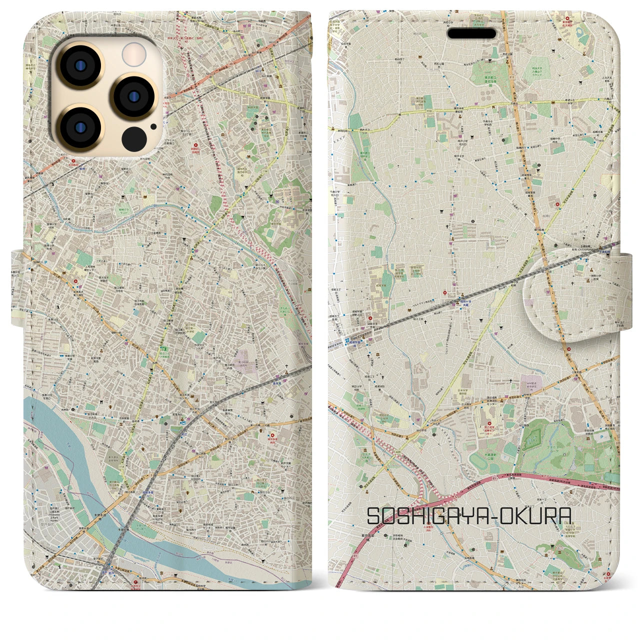 【祖師ヶ谷大蔵】地図柄iPhoneケース（手帳両面タイプ・ナチュラル）iPhone 12 Pro Max 用