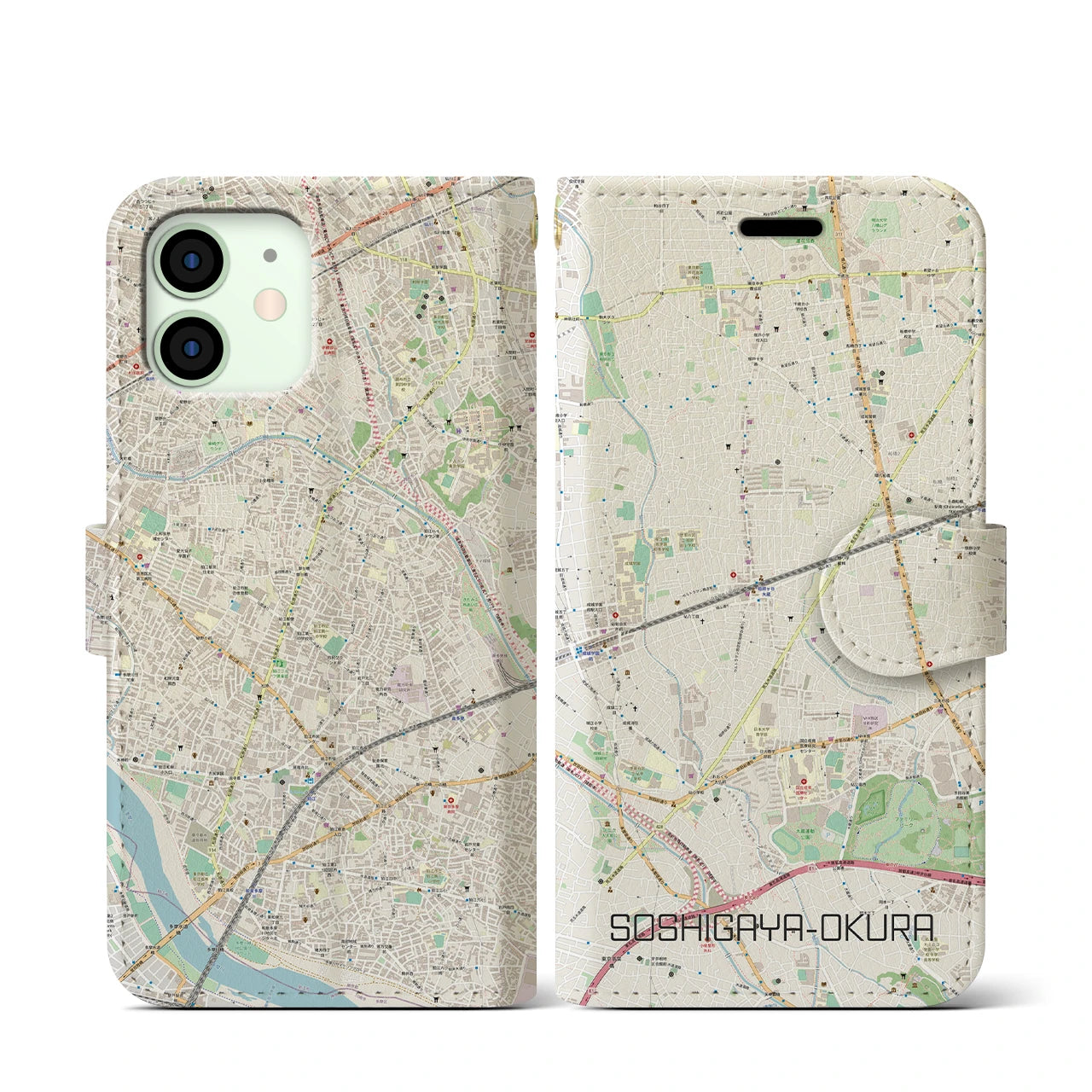 【祖師ヶ谷大蔵】地図柄iPhoneケース（手帳両面タイプ・ナチュラル）iPhone 12 mini 用