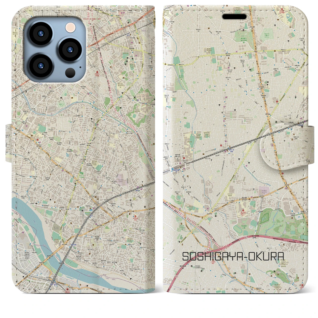【祖師ヶ谷大蔵】地図柄iPhoneケース（手帳両面タイプ・ナチュラル）iPhone 13 Pro Max 用