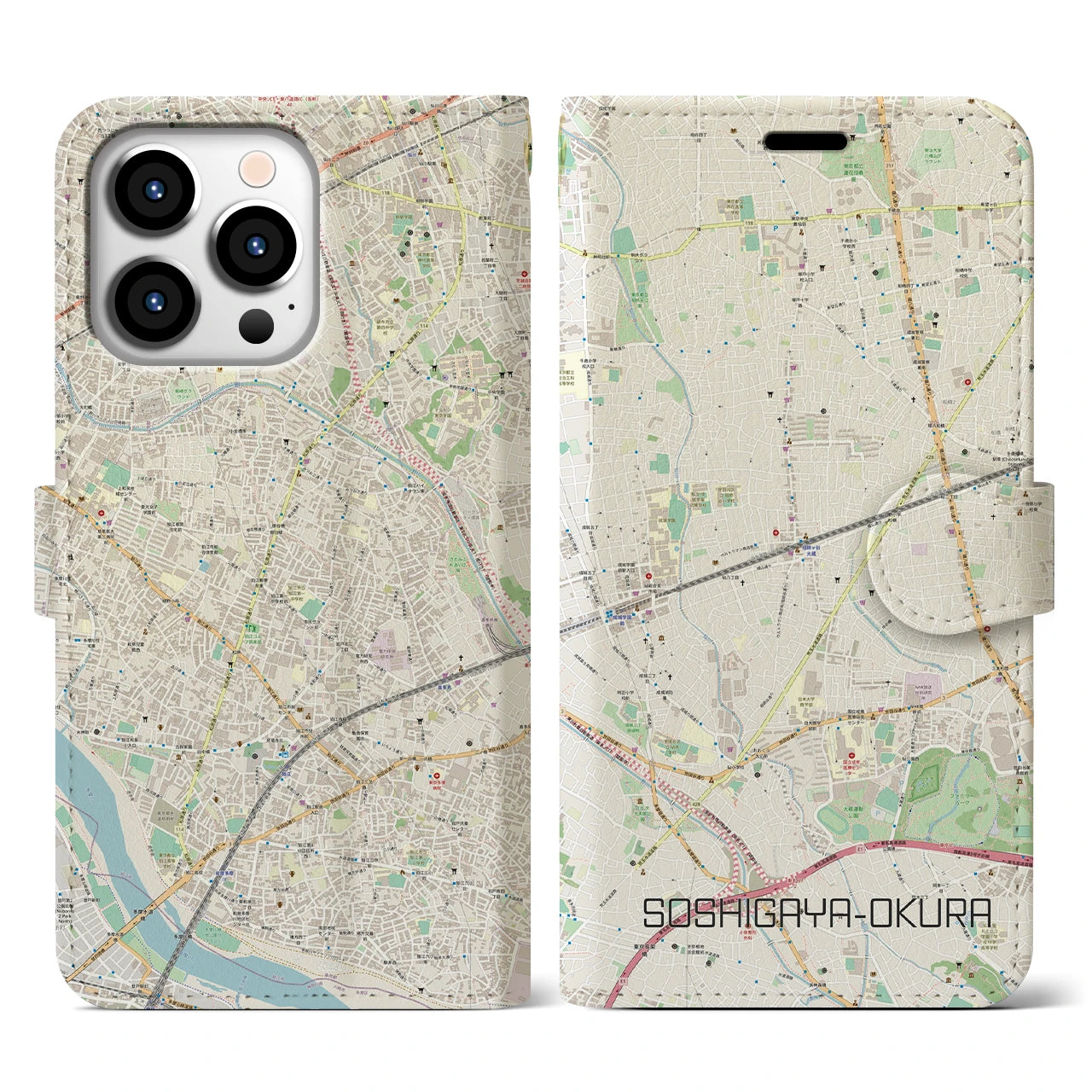 【祖師ヶ谷大蔵】地図柄iPhoneケース（手帳両面タイプ・ナチュラル）iPhone 13 Pro 用