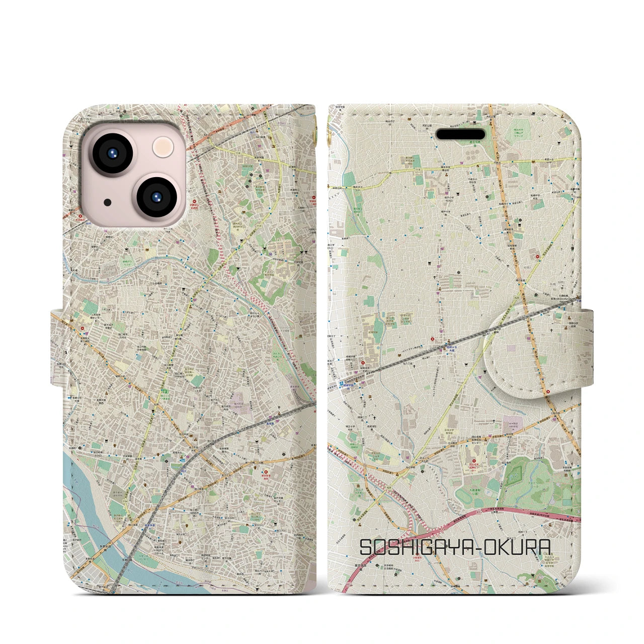【祖師ヶ谷大蔵】地図柄iPhoneケース（手帳両面タイプ・ナチュラル）iPhone 13 mini 用