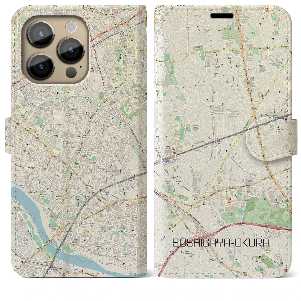 【祖師ヶ谷大蔵】地図柄iPhoneケース（手帳両面タイプ・ナチュラル）iPhone 14 Pro Max 用