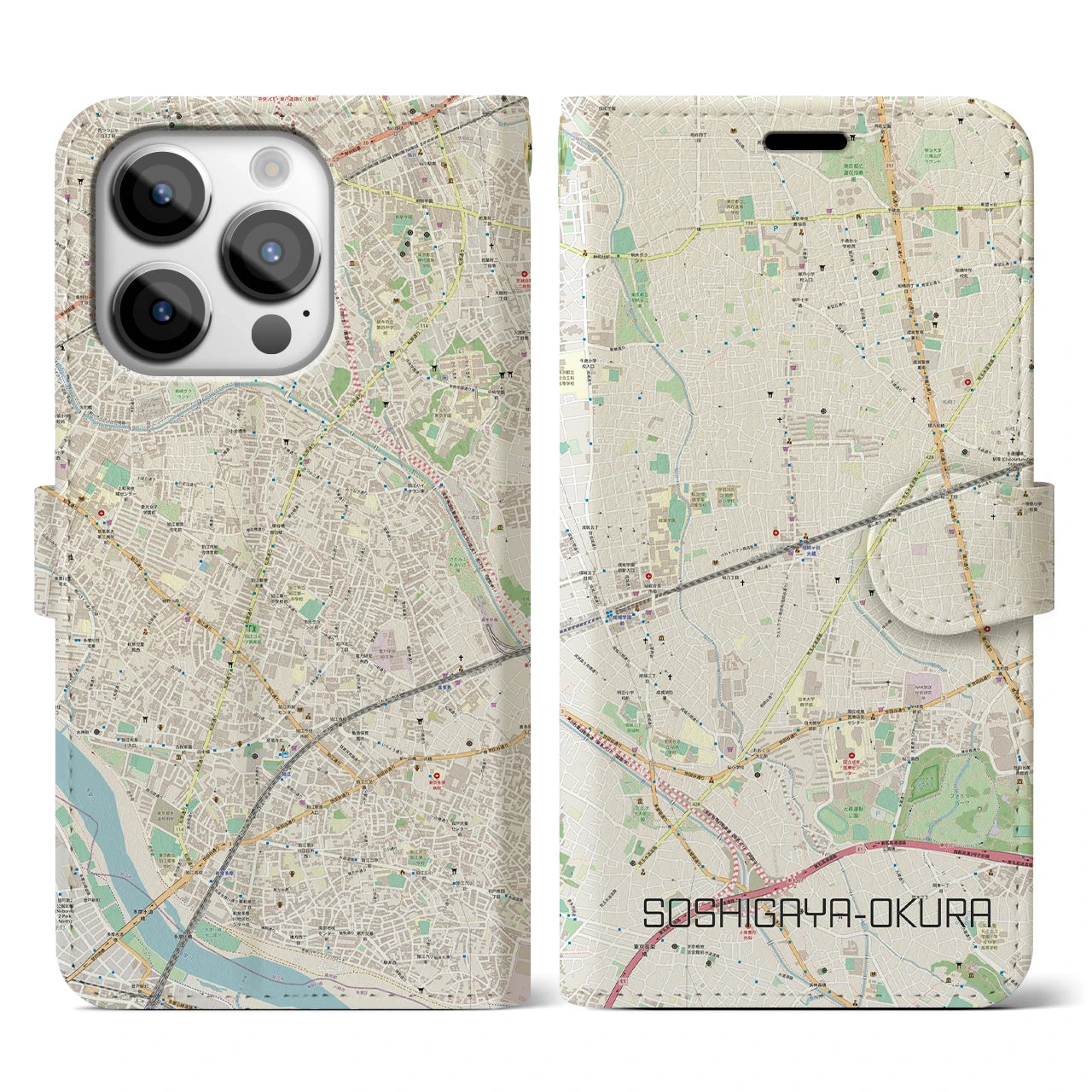 【祖師ヶ谷大蔵】地図柄iPhoneケース（手帳両面タイプ・ナチュラル）iPhone 14 Pro 用