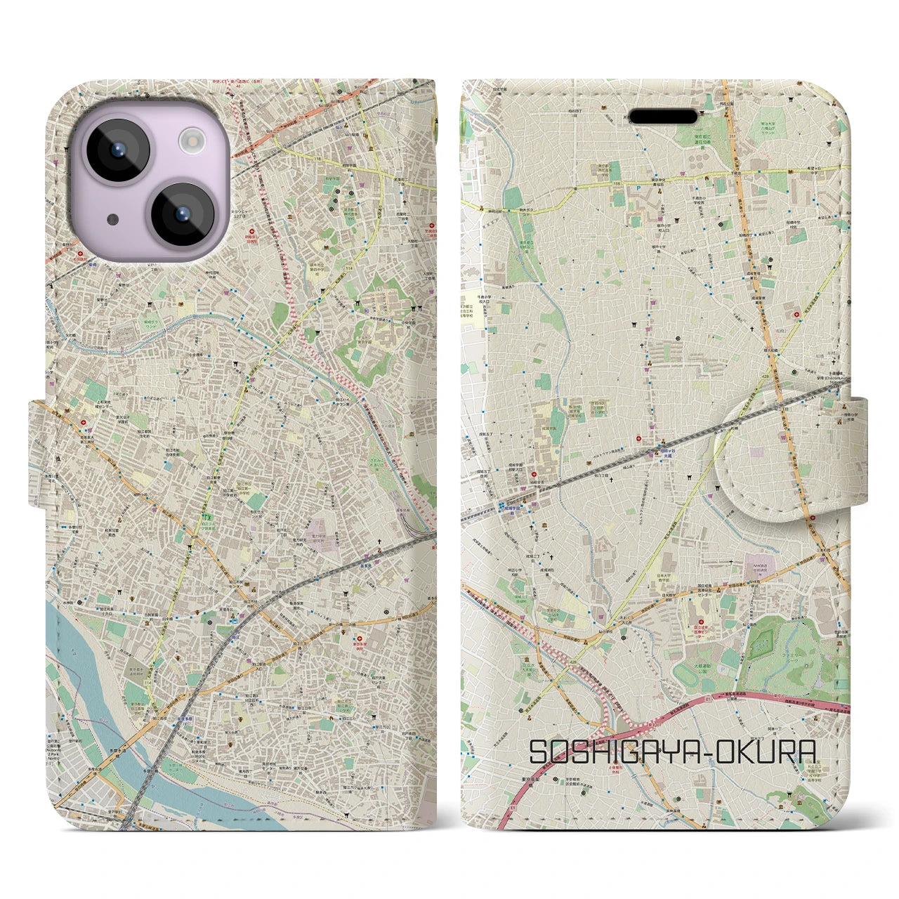 【祖師ヶ谷大蔵】地図柄iPhoneケース（手帳両面タイプ・ナチュラル）iPhone 14 用