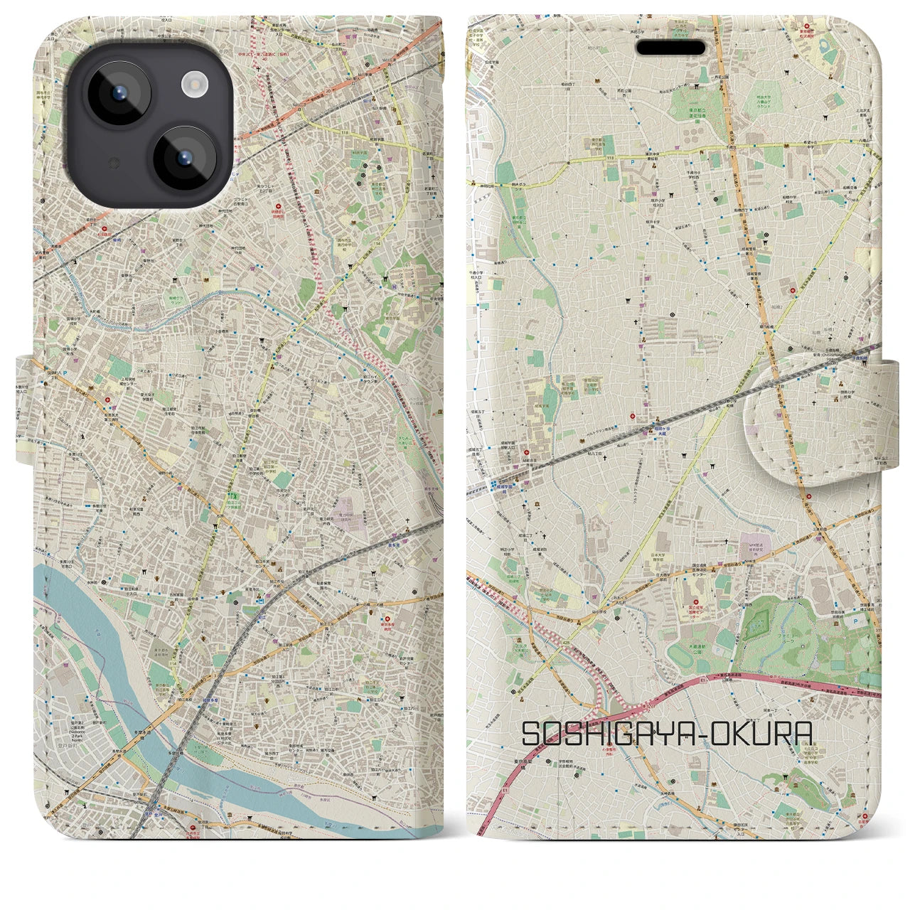 【祖師ヶ谷大蔵】地図柄iPhoneケース（手帳両面タイプ・ナチュラル）iPhone 14 Plus 用