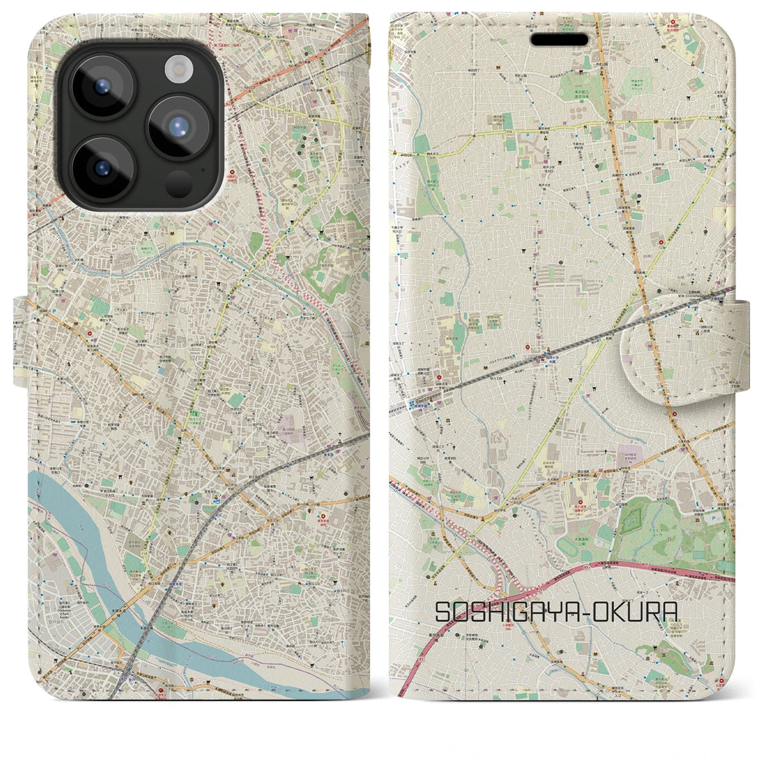 【祖師ヶ谷大蔵】地図柄iPhoneケース（手帳両面タイプ・ナチュラル）iPhone 15 Pro Max 用