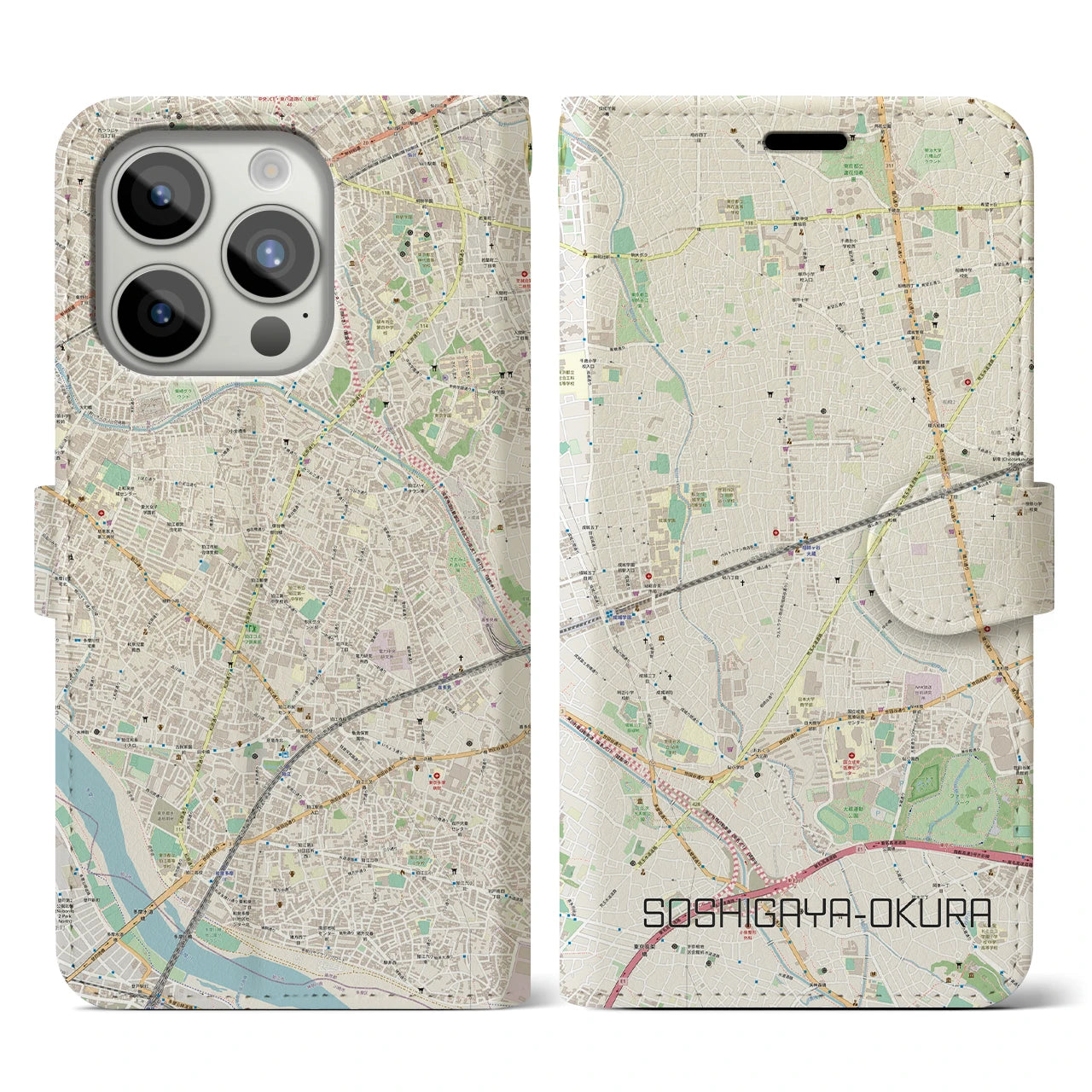 【祖師ヶ谷大蔵】地図柄iPhoneケース（手帳両面タイプ・ナチュラル）iPhone 15 Pro 用