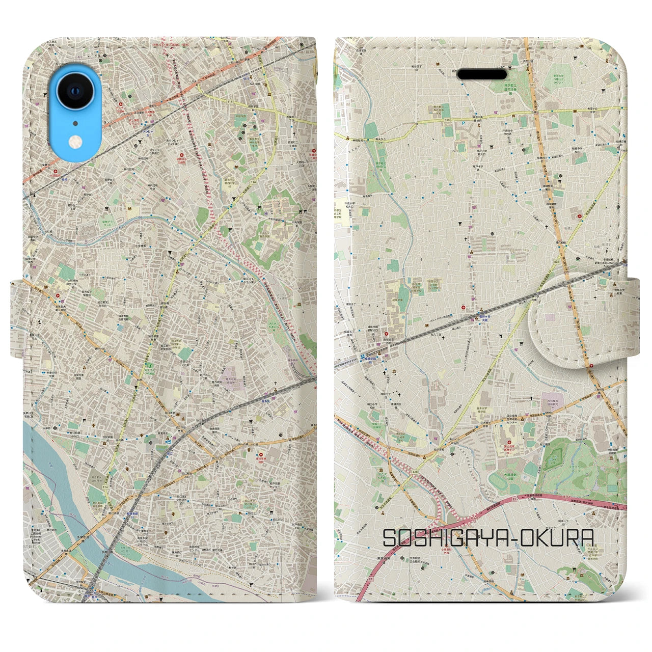 【祖師ヶ谷大蔵】地図柄iPhoneケース（手帳両面タイプ・ナチュラル）iPhone XR 用