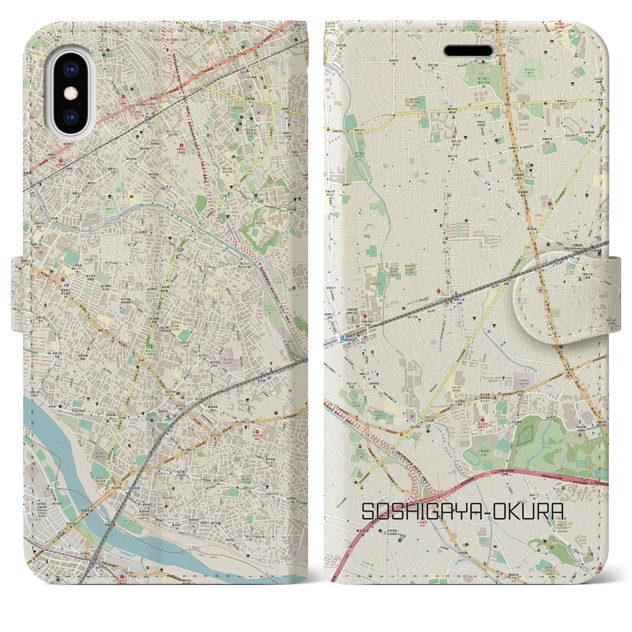 【祖師ヶ谷大蔵】地図柄iPhoneケース（手帳両面タイプ・ナチュラル）iPhone XS Max 用