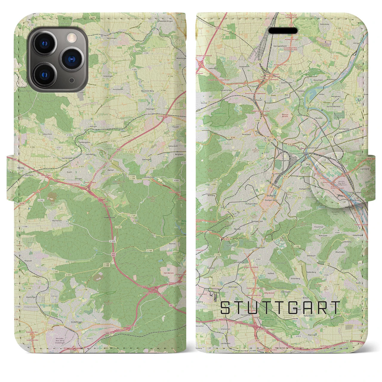 【シュトゥットガルト】地図柄iPhoneケース（手帳両面タイプ・ナチュラル）iPhone 11 Pro Max 用