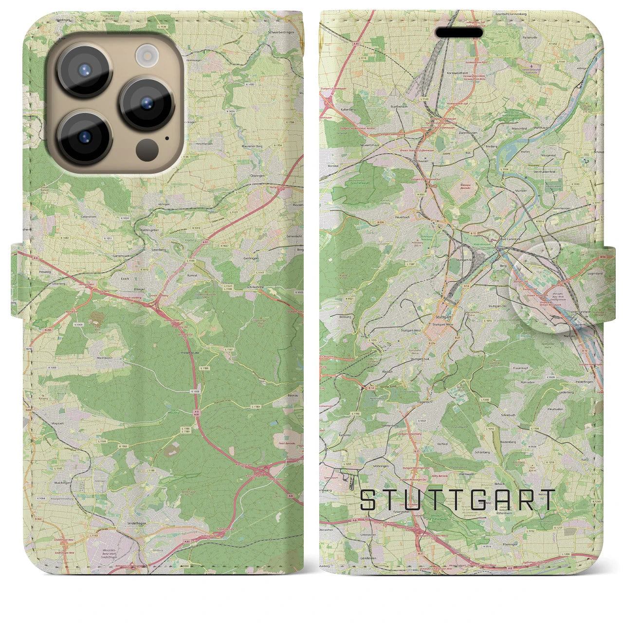 【シュトゥットガルト】地図柄iPhoneケース（手帳両面タイプ・ナチュラル）iPhone 14 Pro Max 用