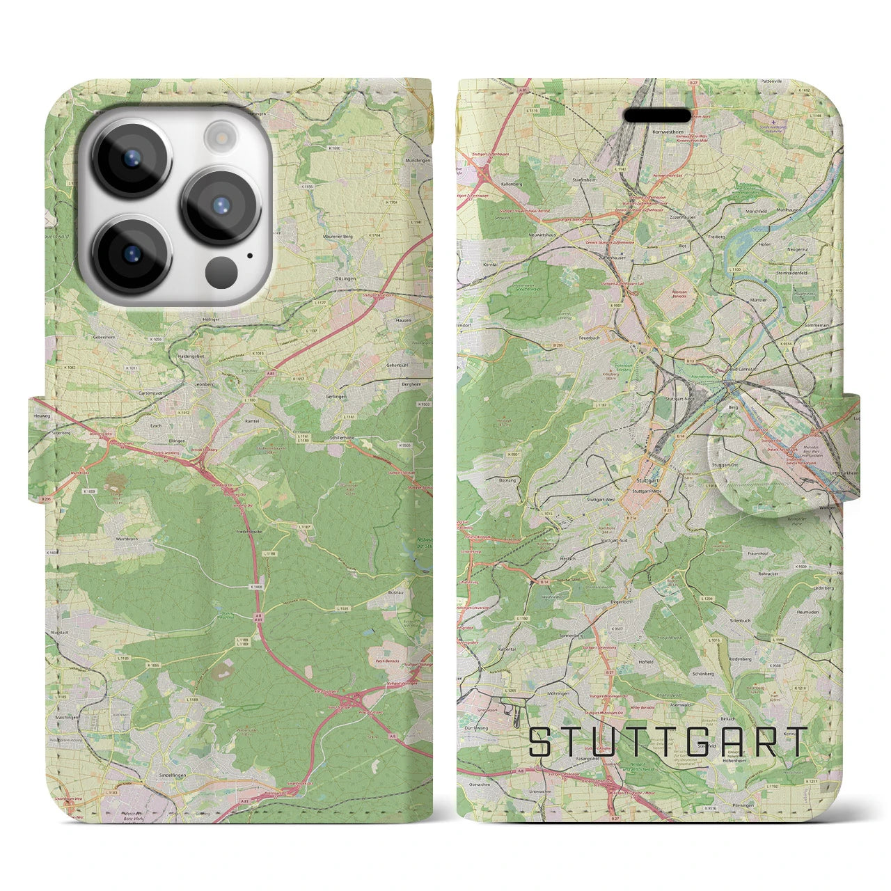 【シュトゥットガルト】地図柄iPhoneケース（手帳両面タイプ・ナチュラル）iPhone 14 Pro 用