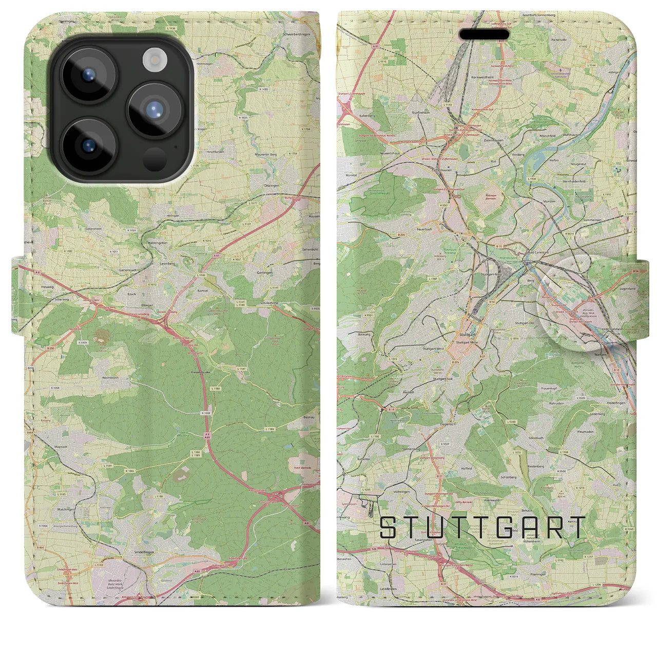 【シュトゥットガルト】地図柄iPhoneケース（手帳両面タイプ・ナチュラル）iPhone 15 Pro Max 用