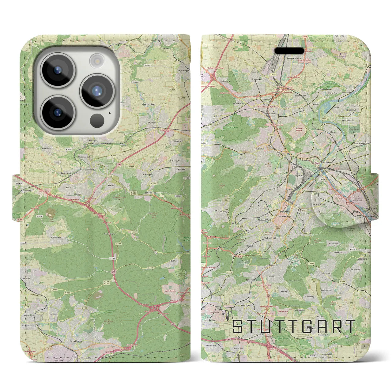 【シュトゥットガルト】地図柄iPhoneケース（手帳両面タイプ・ナチュラル）iPhone 15 Pro 用