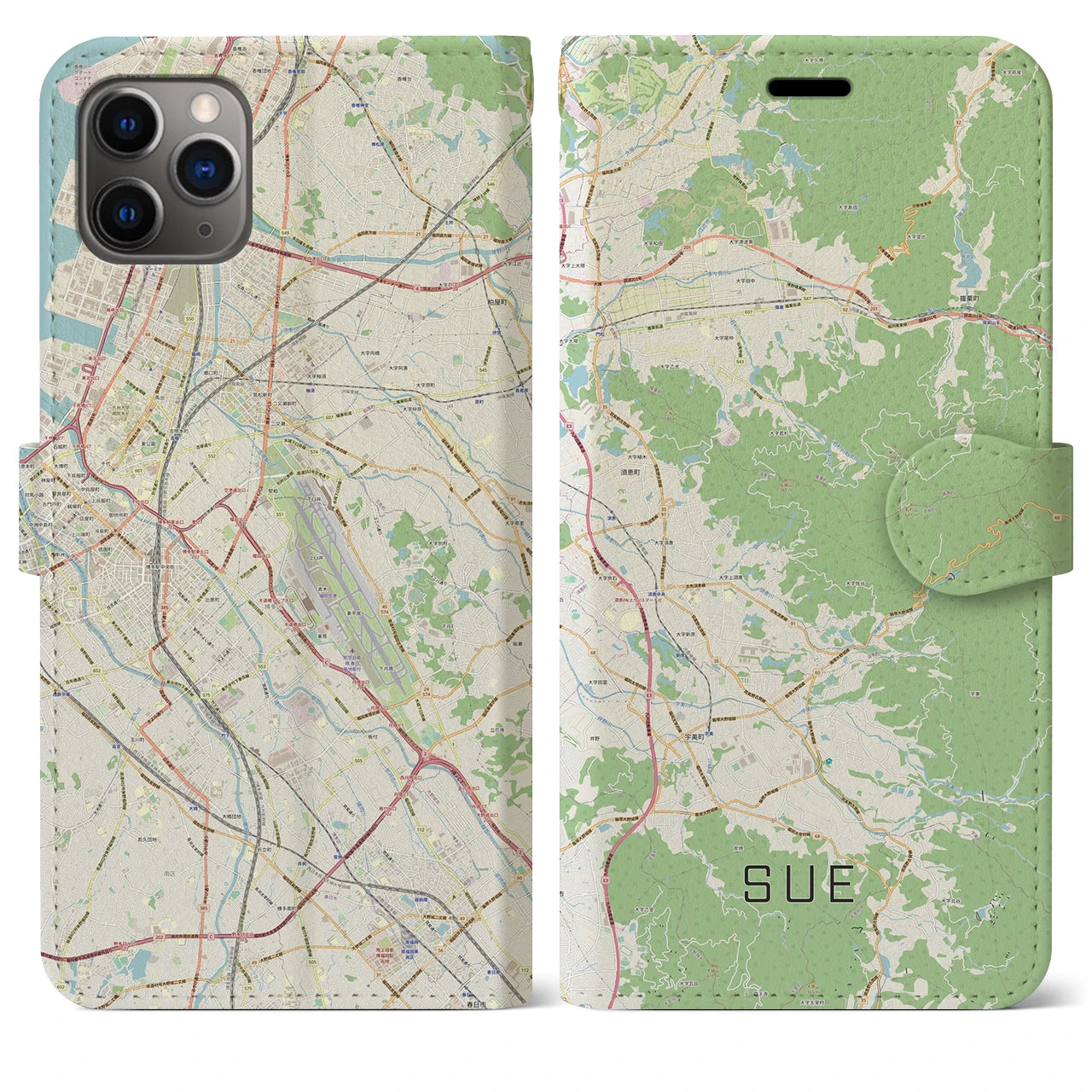 【須恵】地図柄iPhoneケース（手帳両面タイプ・ナチュラル）iPhone 11 Pro Max 用