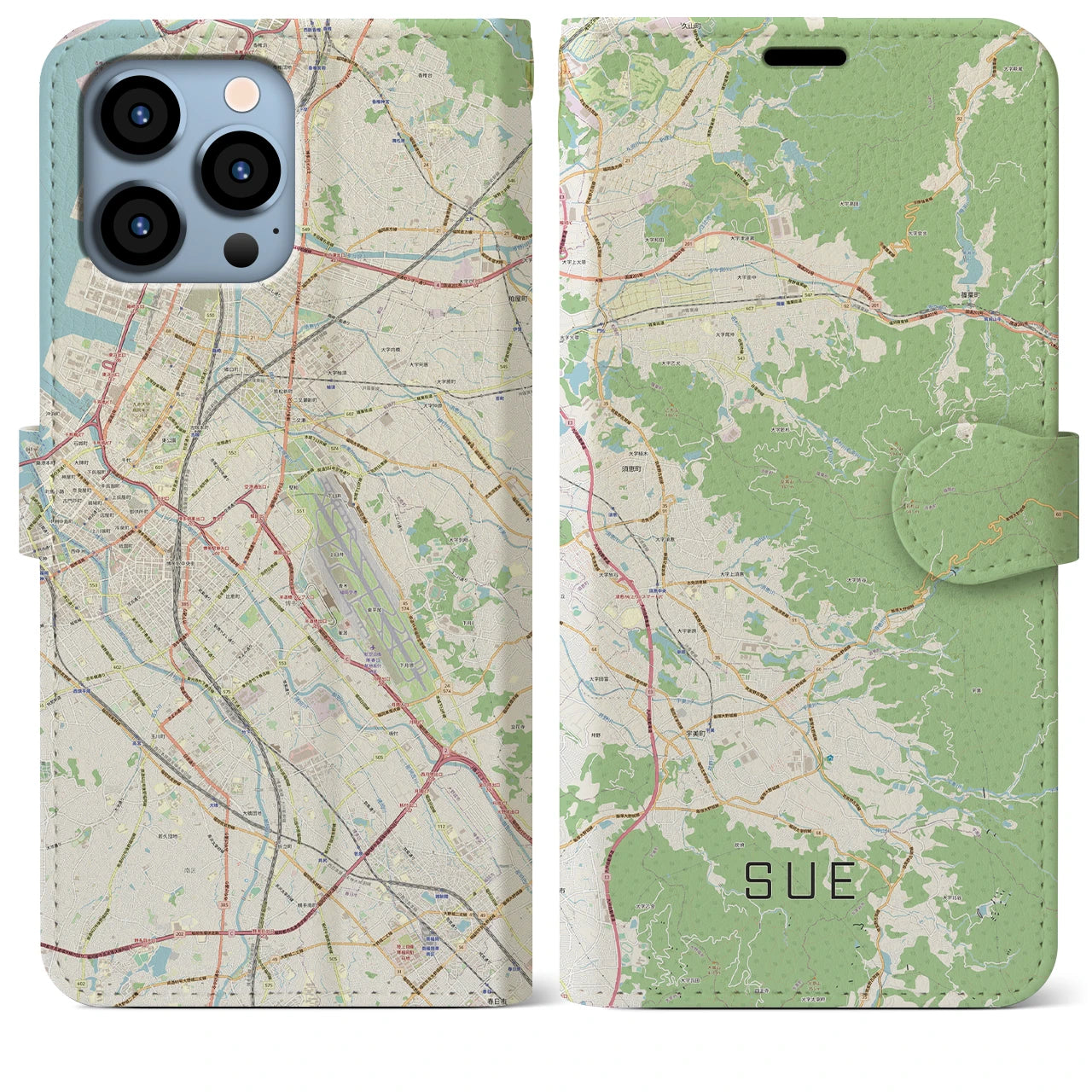 【須恵】地図柄iPhoneケース（手帳両面タイプ・ナチュラル）iPhone 13 Pro Max 用