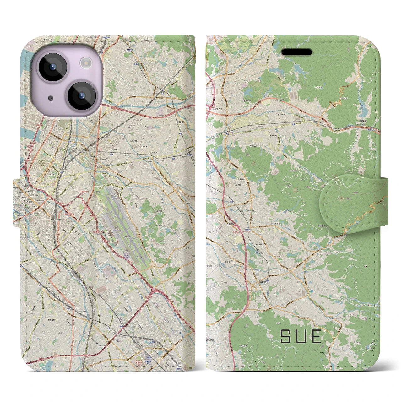 【須恵】地図柄iPhoneケース（手帳両面タイプ・ナチュラル）iPhone 14 用