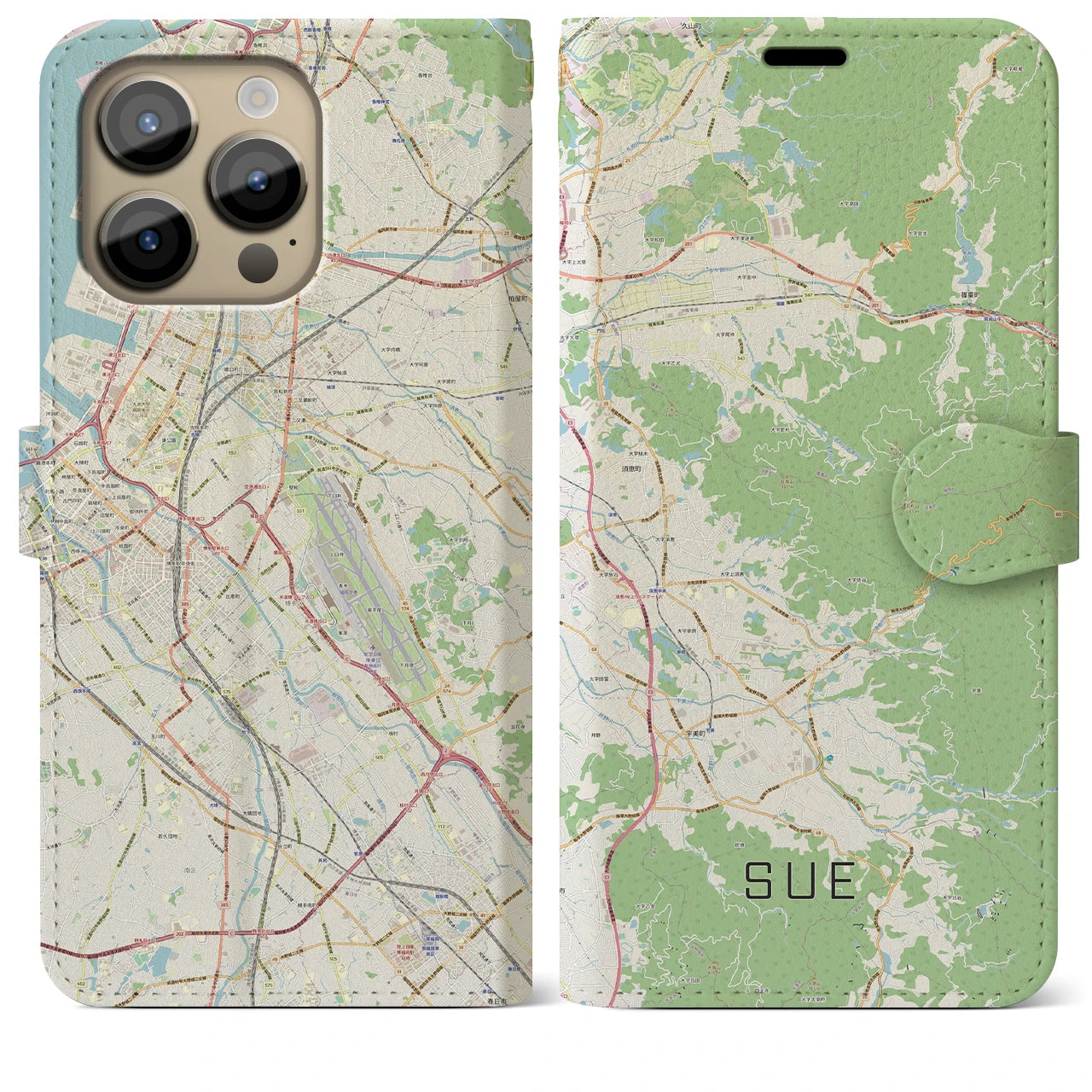 【須恵】地図柄iPhoneケース（手帳両面タイプ・ナチュラル）iPhone 14 Pro Max 用