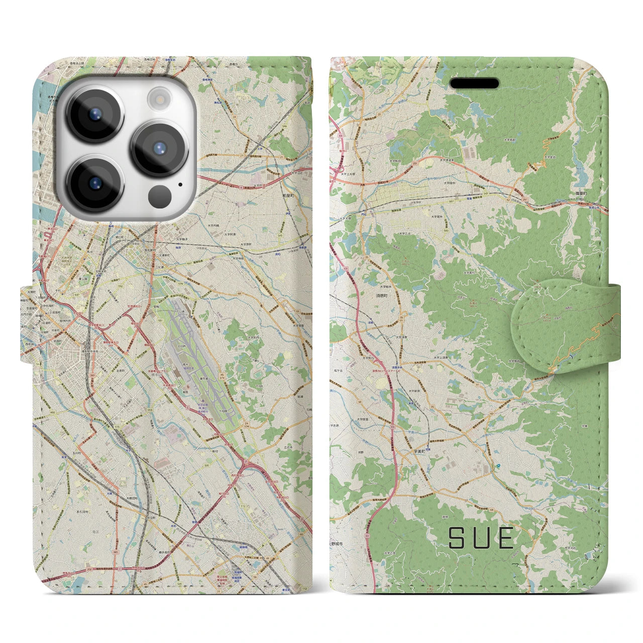 【須恵】地図柄iPhoneケース（手帳両面タイプ・ナチュラル）iPhone 14 Pro 用