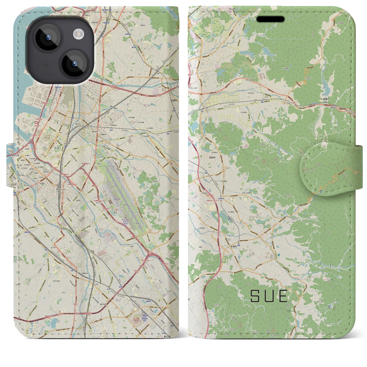 【須恵】地図柄iPhoneケース（手帳両面タイプ・ナチュラル）iPhone 14 Plus 用